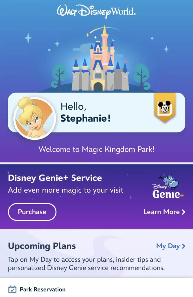 Screenshot of My Disney Experience Home Page on a Magic Kingdom Day