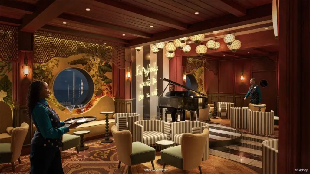 Disney Rendered Image of the Scat Cat Lounge, "The Aristocat"-Themed Piano Bar and Lounge Aboard the Disney Treasure with Views of the Seats and Tables and French-inspired Decor.