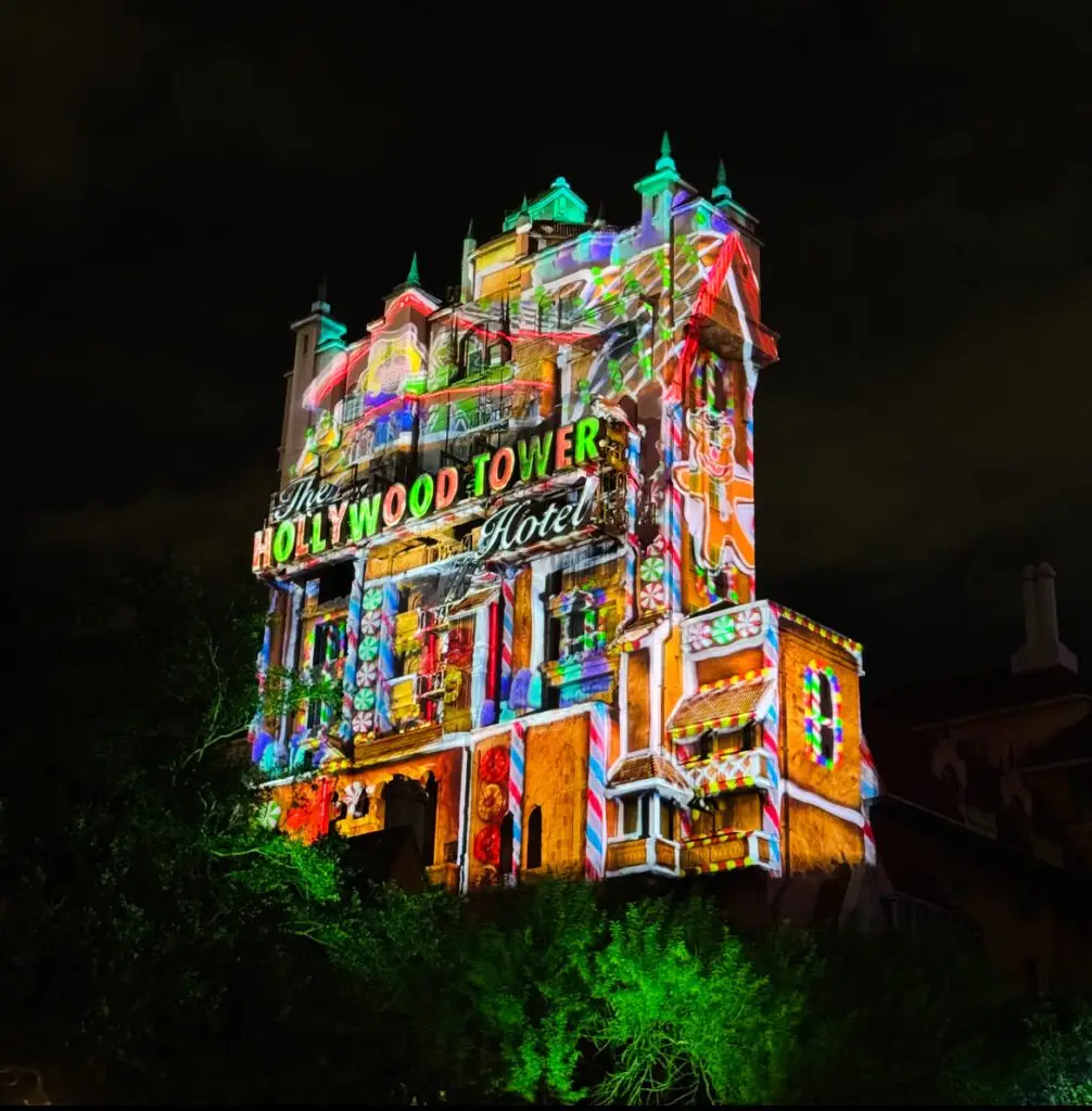 Hollywood Tower of Terror Lit Up With Special Holiday Projection For Jollywood Nights