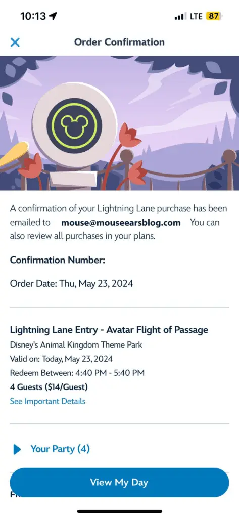 Screenshot of an Individual Lightning Lane Purchase via My Disney Experience