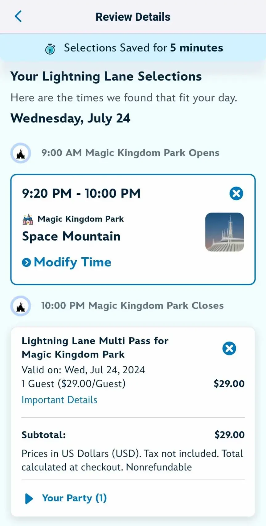 Lightning Lane Multi Pass Selection for Magic Kingdom on Launch Day Price