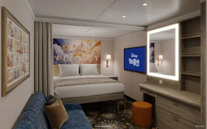 Inside stateroom aboard the Disney Destiny inspired by the Disney Animated film, "Hercules." 