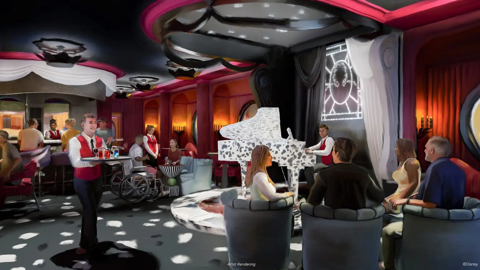 Artist Rendering by Disney of the new De Vil's Piano Bar onboard the Disney Destiny with black and white themed decor and a Dalmation inspired piano in the center