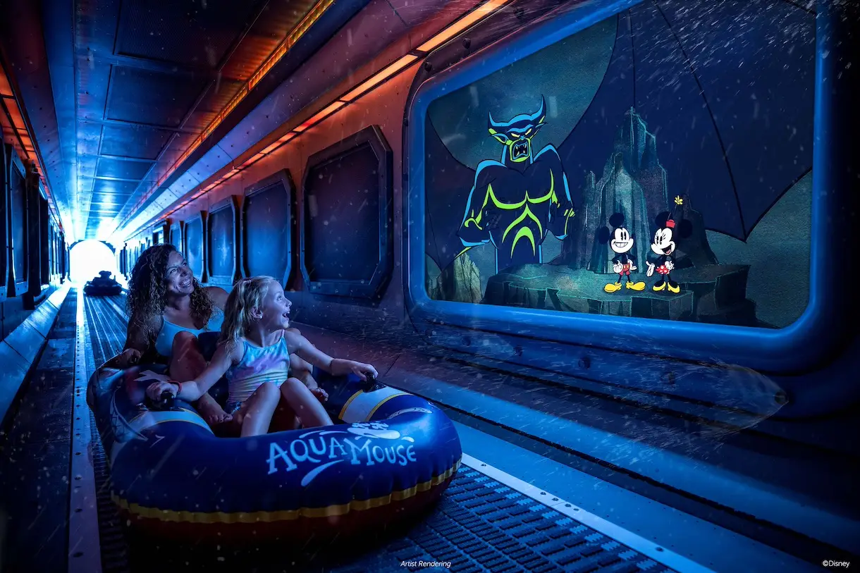 Disney Destiny's AquaMouse Artist Rendering from Disney with mom and daughter on the ride inflatable next to a screen featuring Chernabog from "Fantasia," Mickey Mouse and Minnie Mouse