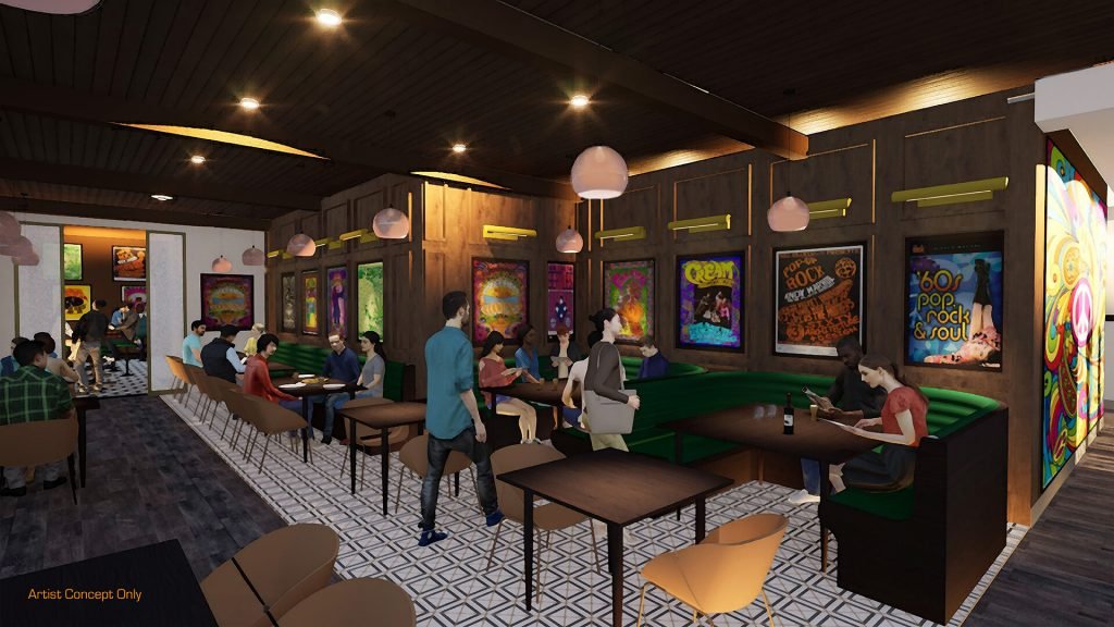 Disney's concept art for the brand-new, 60's themed The Carnaby Tavern coming to Downtown Disney. 