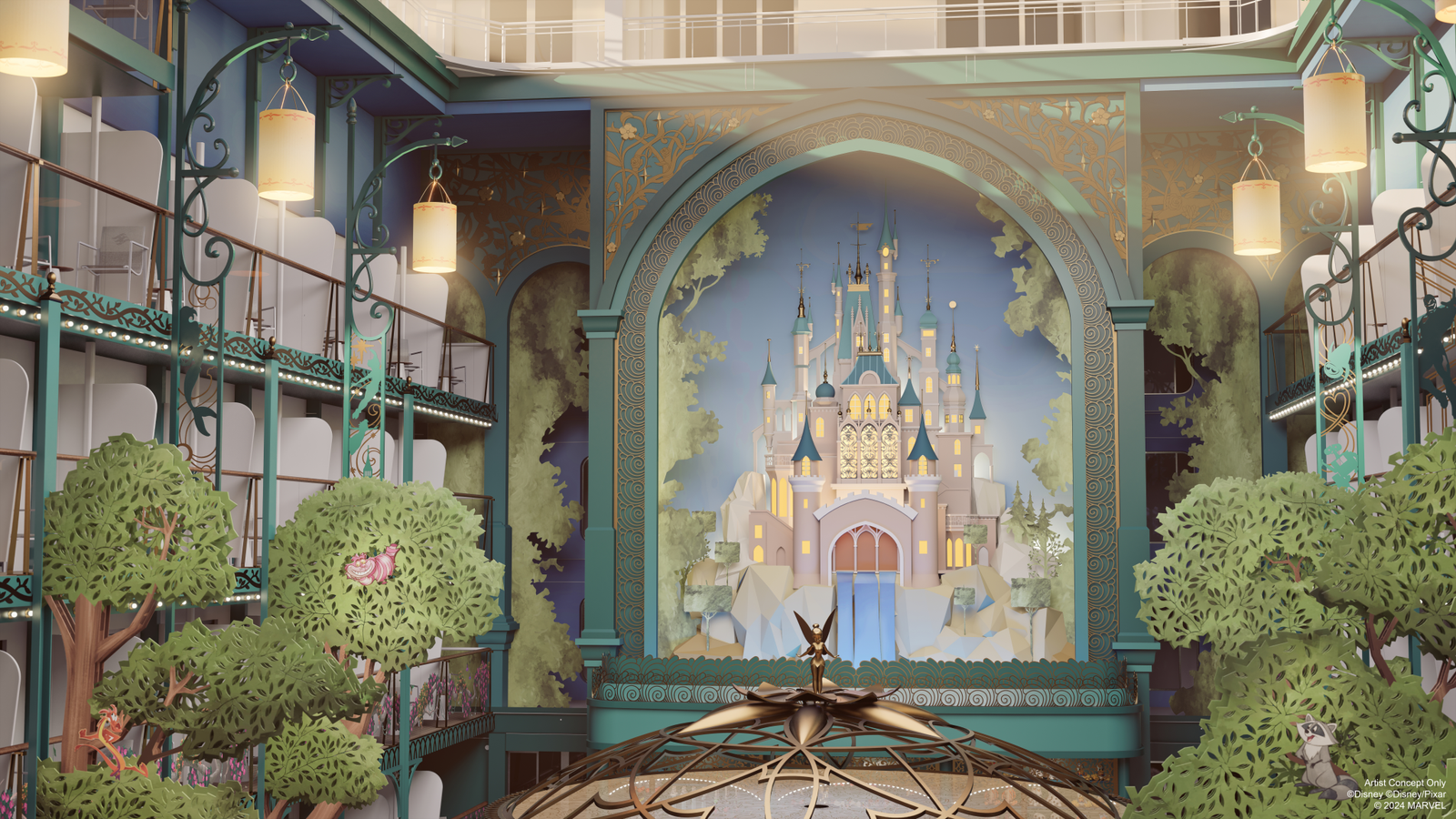 Disney's concept art of the Storybook Castle artwork in Disney Imagination Garden aboard the Disney Adventure