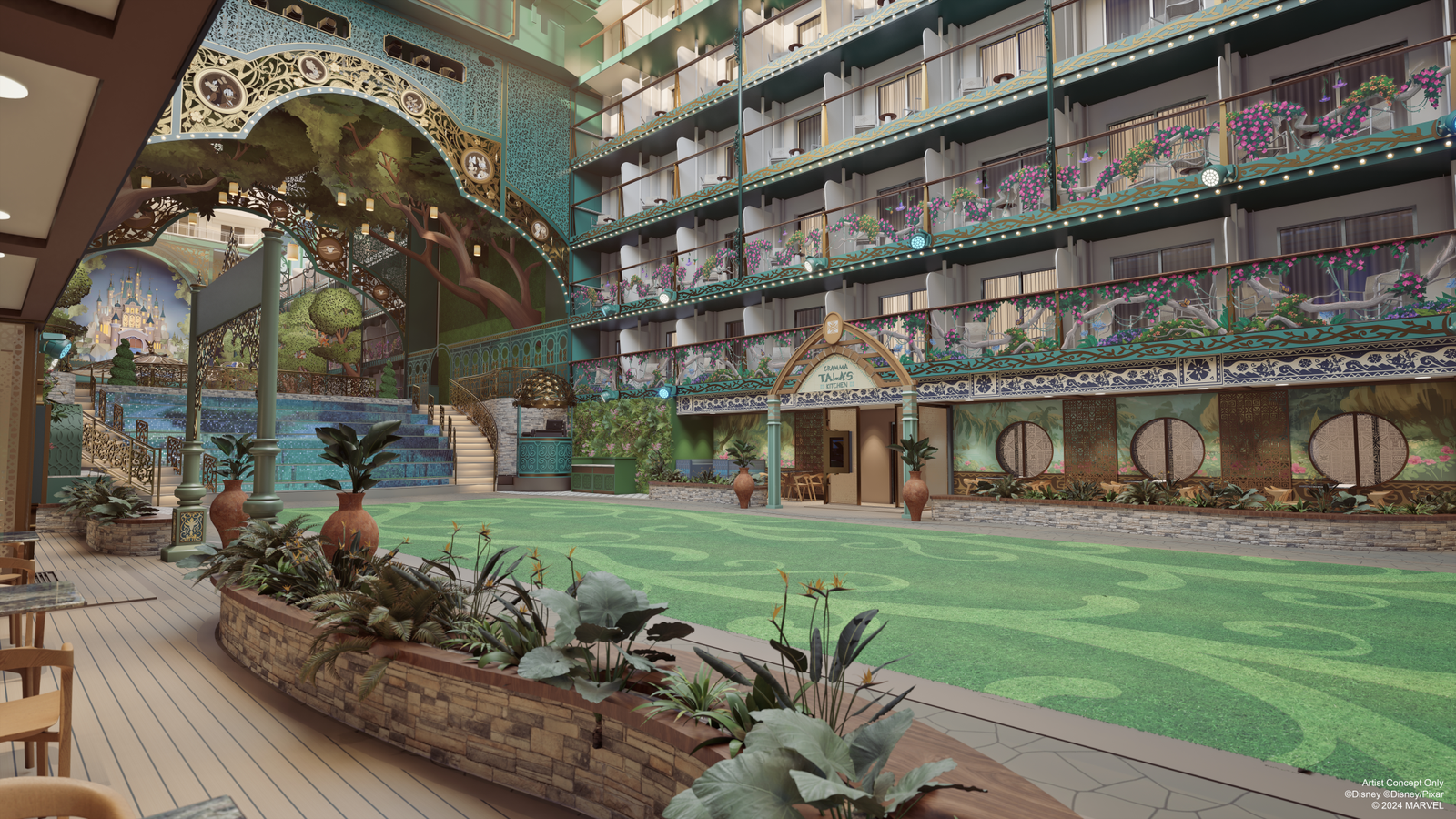 Disney's concept art of the Disney Imagination Garden lawn aboard the Disney Adventure