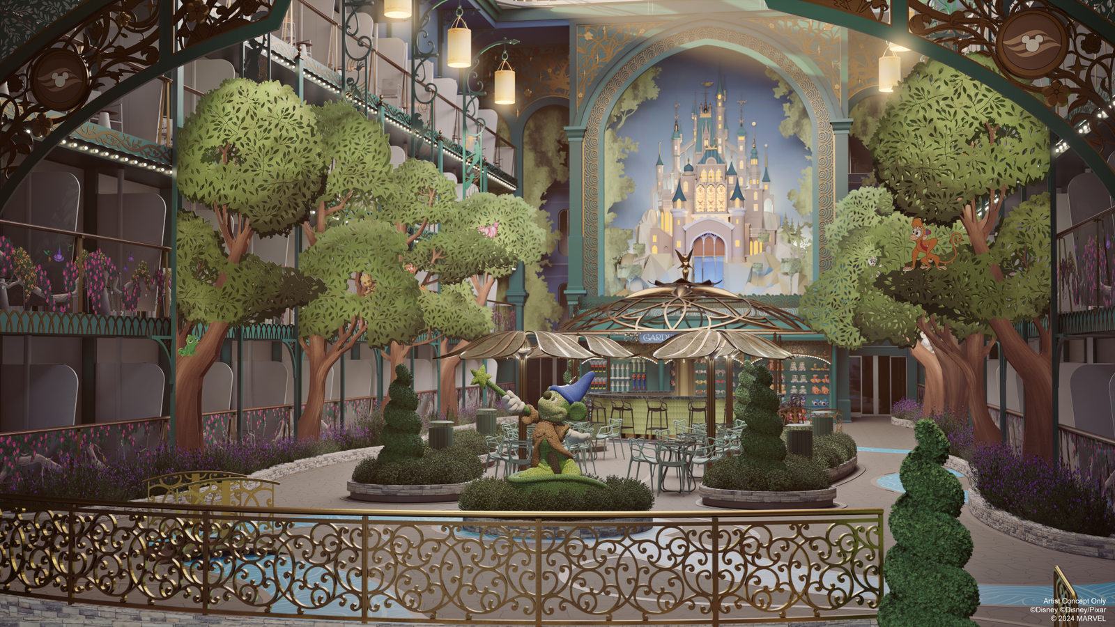 Disney's concept art of the courtyard in the Disney Imagination Garden aboard the Disney Adventure