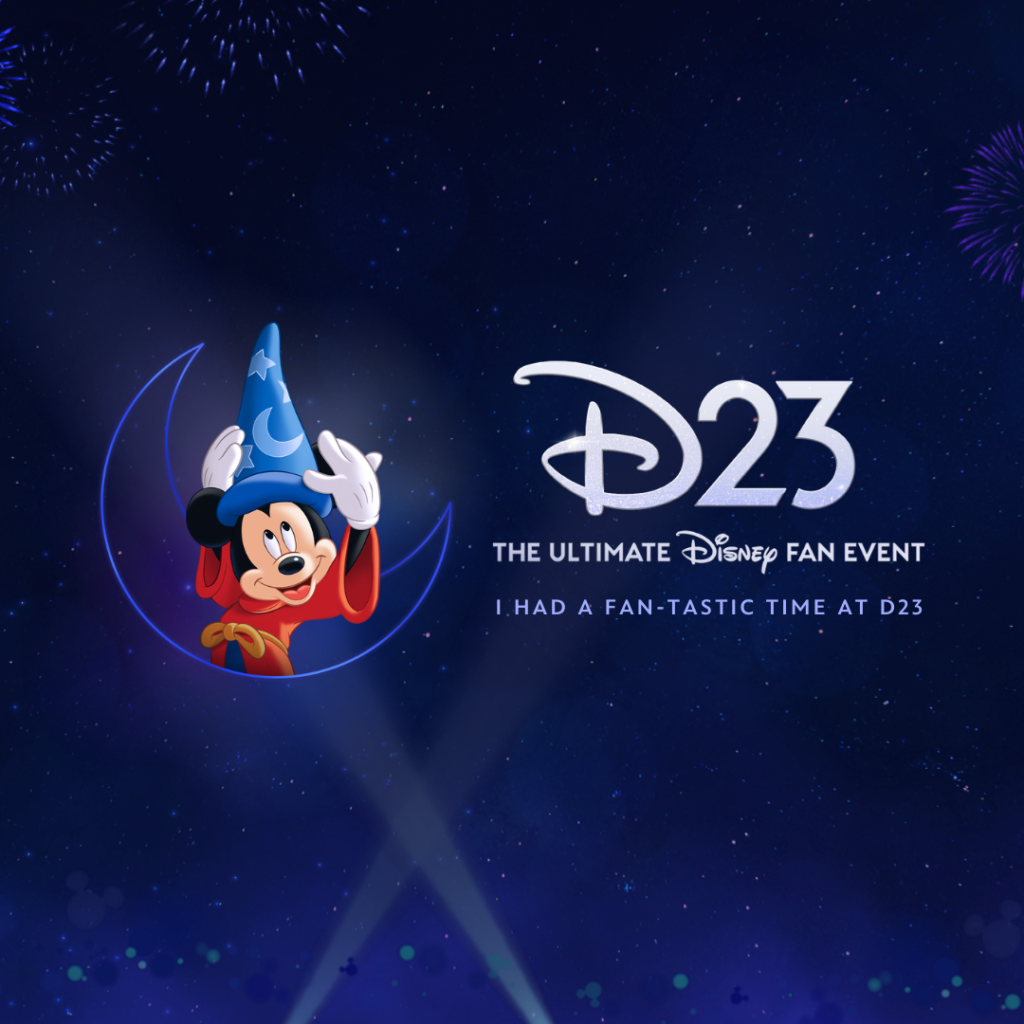 Official D23: Ultimate Disney Fan Event presented by Visa Logo Wallpaper with blue background and Sorcerer Mickey holding his hat.