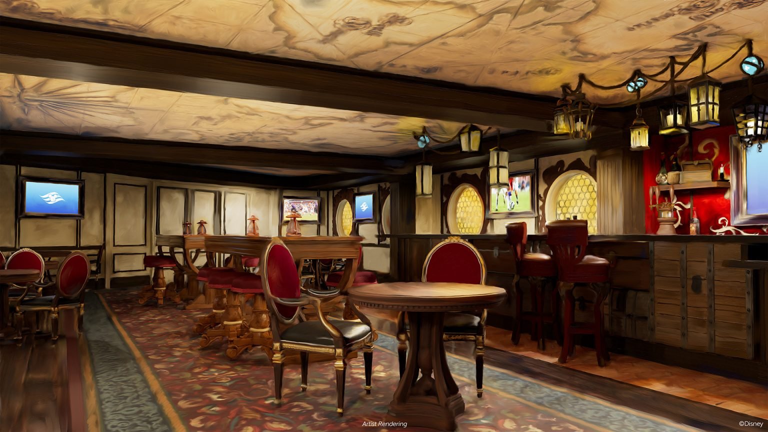 Disney's digital rendering and concept art of the 'Pirates of the Caribbean' themed pub called Cask and Cannon aboard the Disney Destiny with red and other vintage furnishings including a map ceiling. 