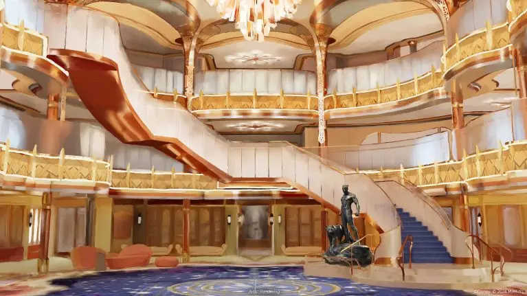 Disney Destiny Grand Hall will be a stunning statue of T’Challa, the Black Panther: King of Wakanda, devoted son and beloved brother sworn to protect his kingdom — and the Disney Destiny