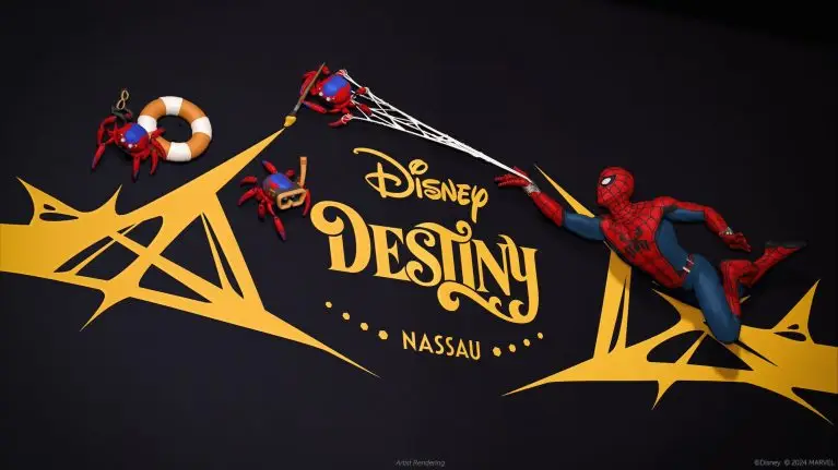 A Marvel Super hero, Spiderman and Spiderbots will be the signature stern character on the Disney Destiny. This signature larger-than-life sculpture will showcase Spider-Man and his Spider-Bots, who are attempting to decorate the filigree on the back of the ship with their infamous spider webs.