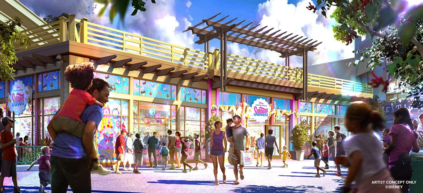 Disney's Concept Art of the brand-new confectionary coming to Downtown Disney District called Disney Wonderful World of Sweets