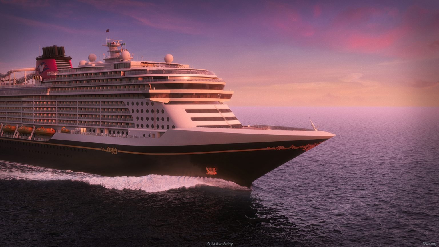 Aerial point of view concept art of the front side of the new Disney Destiny cruise ship sailing at sundown. 