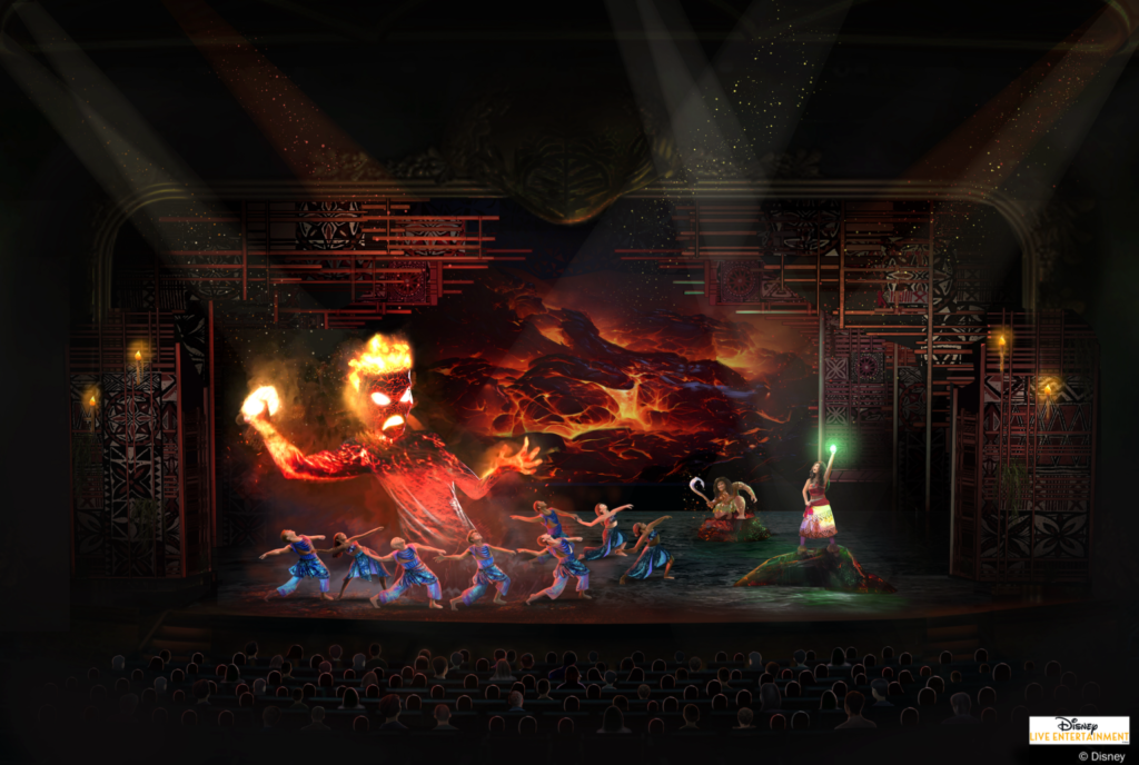 The scene depicts Moana as she takes her final stand against Te Kā, the fiery lava-wielding foe who will appear on stage as an incredible fifteen-foot-tall puppet.