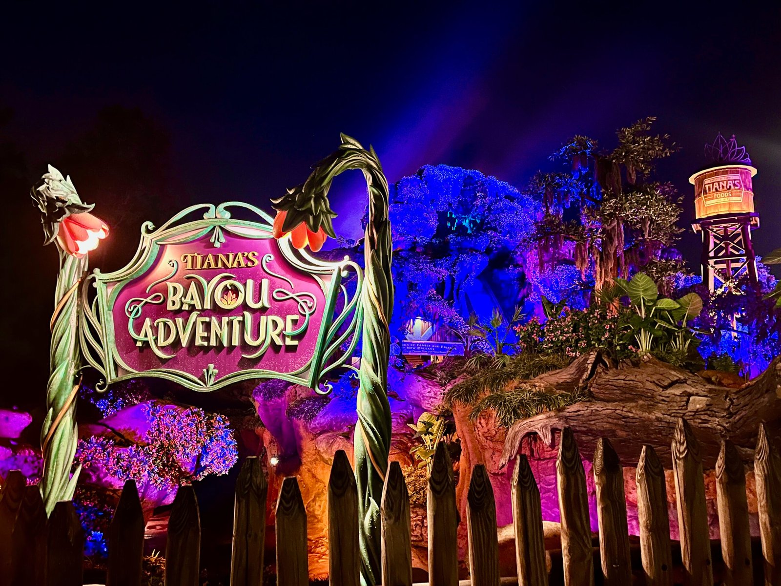 A night time horizontal image of Tiana's Bayou Adventure sign, water tower, and mountain lit up at night in Magic Kingdom.