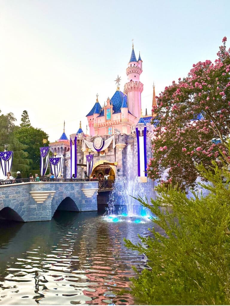 Sleeping Beauty's Castle at Sunset at Disneyland in California.