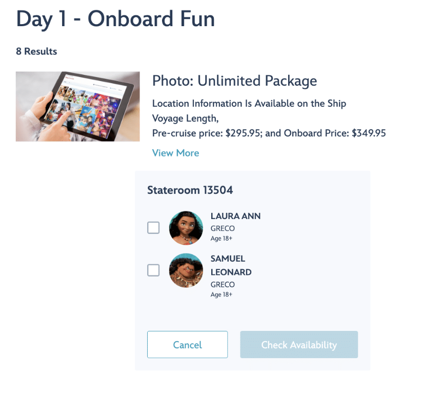 Onboard Fun screenshot of the Navigator App for Disney Cruise Line guests Laura and Samuel as they add the Unlimited Photo Package to their vacation.