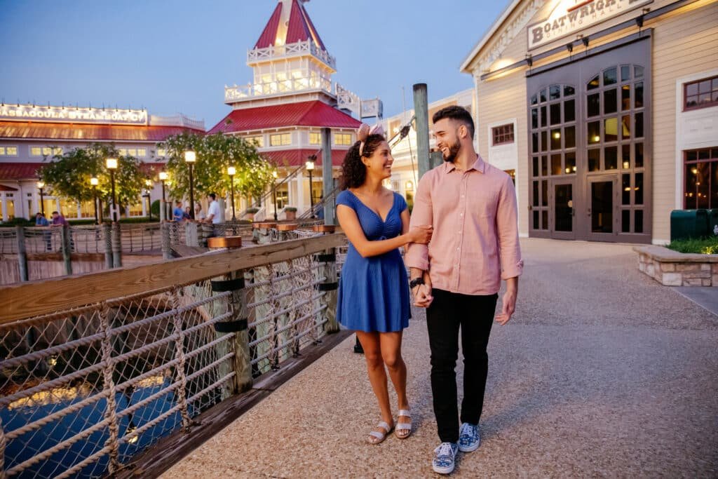 Couple walking through Disney’s Port Orleans Resort