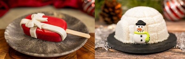 2 images of holiday treats - one is an igloo and snowman mouse dome and the other is a red Christmas present cake on a stick