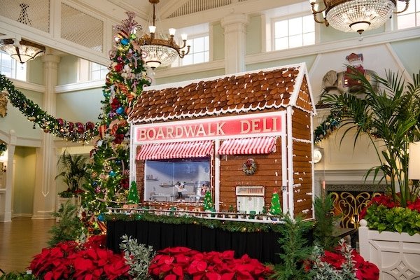 Image of the Boardwalk Deli gingerbread display at Disney's Boardwalk Resort that is decorated for the holidays.