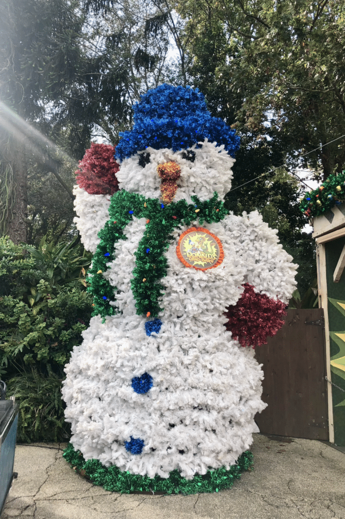 Giant snowman decoration at the Dino Institute in Disney's Animal Kingdom during the holidays