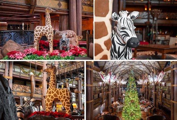 4 images of various safari animals sculpted out of gingerbread on display at Animal Kingdom Lodge during the holidays.