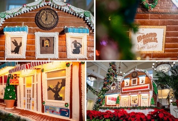 4 side-by-side images of the BoardWalk Inn Gingerbread Village on display during the 2024 holiday season.