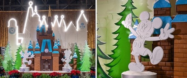 Two side-by-side images of the Cinderella Castle Display at Disney’s Contemporary Resort made entirely out of gingerbread for the 2024 holiday season