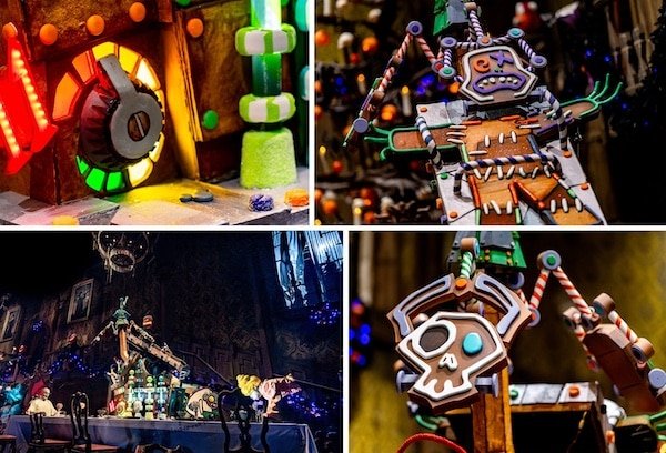 4 images of the various gingerbread displays found in Disneyland park's the Haunted Mansion Holiday overlay. Most popular and new for the 2024 holiday season is the franken-gingerbread man.