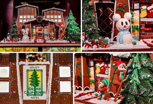 4 images of the different gingerbread displays at Disney's Grand Californian Resort and Spa. Decorations include a mickey snowman, chip and dale, a holiday cottage, and more in honor of the holiday season.