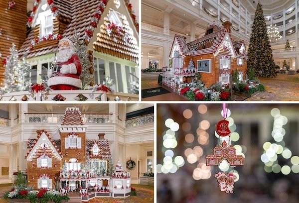 The Grand Floridian’s Iconic Gingerbread House that is displayed for the holiday season in 4 images of various angles highlighting different details.