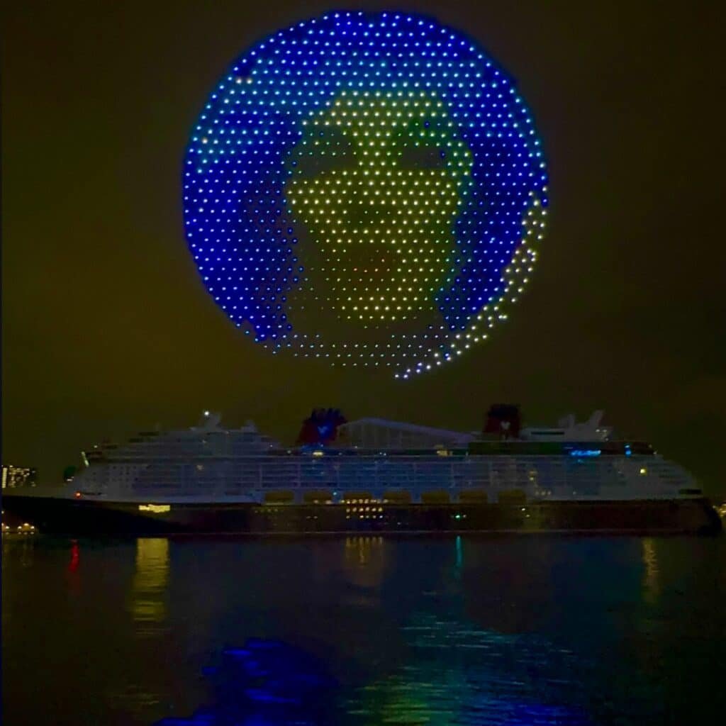 Madam Leota hovers over the Disney Treasure for the Christening Drone Show.