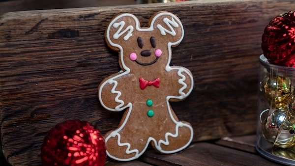 Mickey-shaped, frosted gingerbread cookie for the holiday season at the Disneyland Resort.