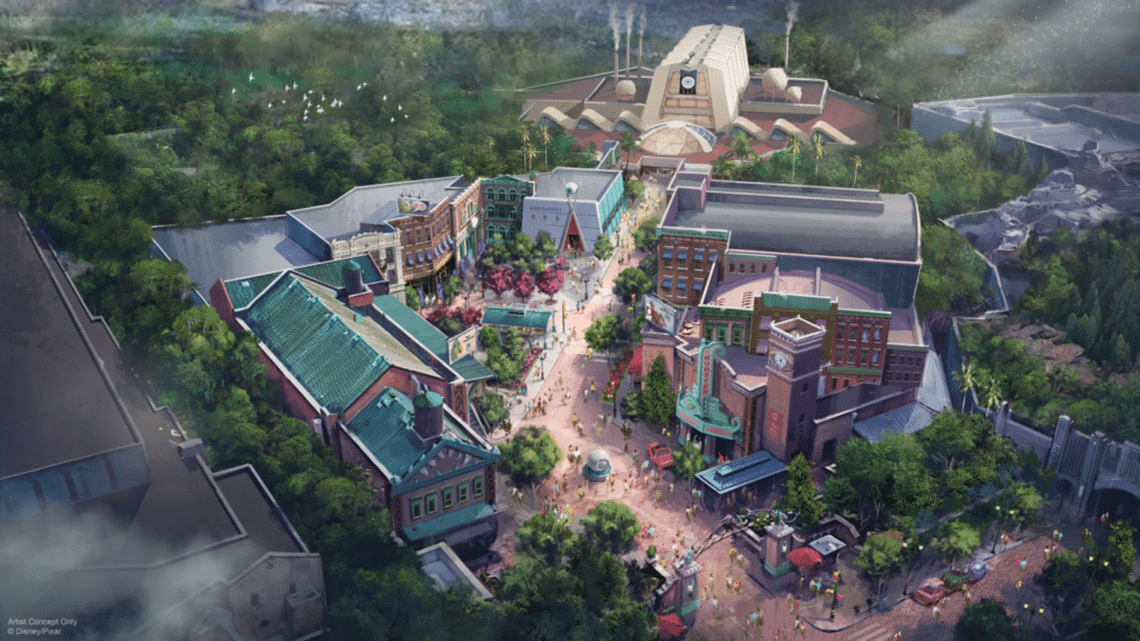 Monsters Inc. Land Aerial View Concept Art by Disney that shows all the buildings and facade that will take over Muppet Courtyard in Disney's Hollywood Studios.