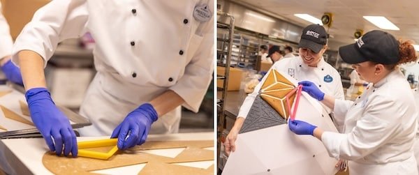 2 images of cast members culinary chefs putting together the Gingerbread Spaceship Earth that will be located at EPCOT for the 2024 holiday season.