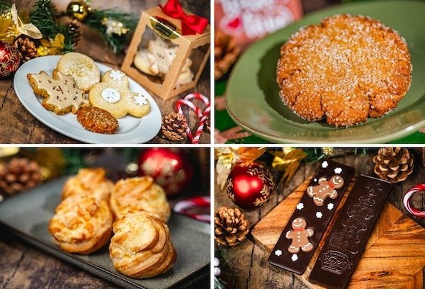 4 images of some of the delectable sweet holiday treats available at Disney's Wilderness Lodge during the 2024 holiday season including Dark Chocolate Bar, Cheddar Gougère, Molasses Crackle Cookie, and a Cookie Box selection.