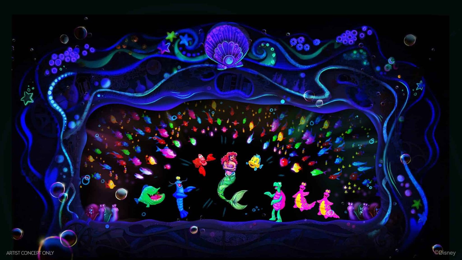 Artist concept by Disney of the stage with neon colored characters for the upcoming "The Little Mermaid: A Musical Adventure" show coming to Disney's Hollywood Studios in 2025.