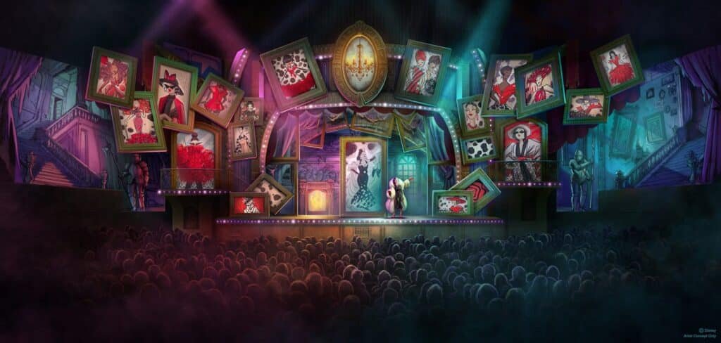 Disney's artist rendering of what the new Disney Villains: Unfairly Ever After live performance stage would look like during Cruella De Vil's portion with lots of colorful lights, screens, and a full audience filling up the theatre