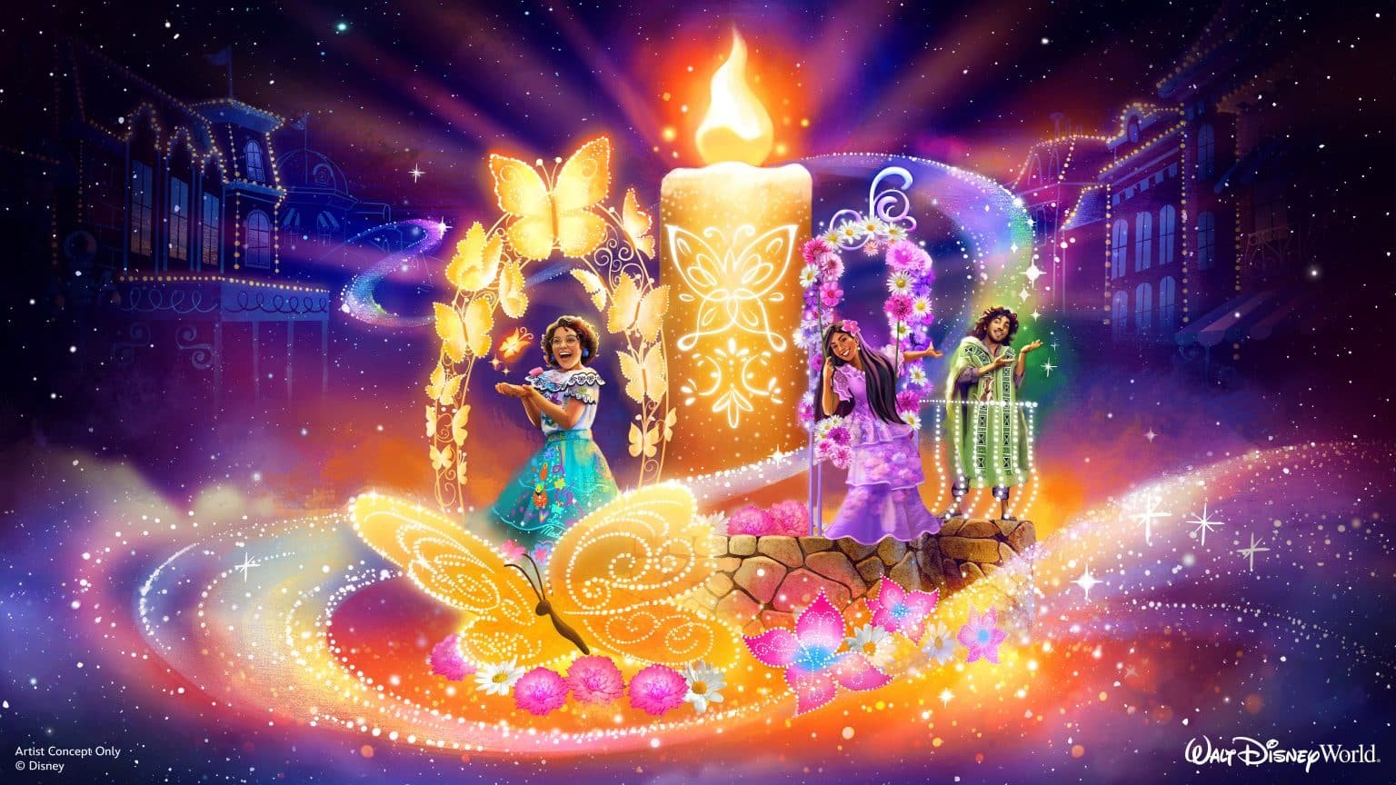 Vibrant concept art of a Encanto float for the new Disney Starlight nighttime parade. This float includes butterflies, a candle, flowers, and your beloved characters from the movie including Mirabel and Bruno.