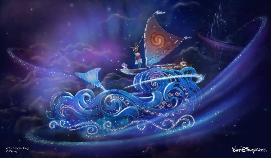 A vibrant blue, purple and white float mimicking the ocean waves and Moana on her boat sailing as a float concept art for the new Magic Kingdom nighttime parade.