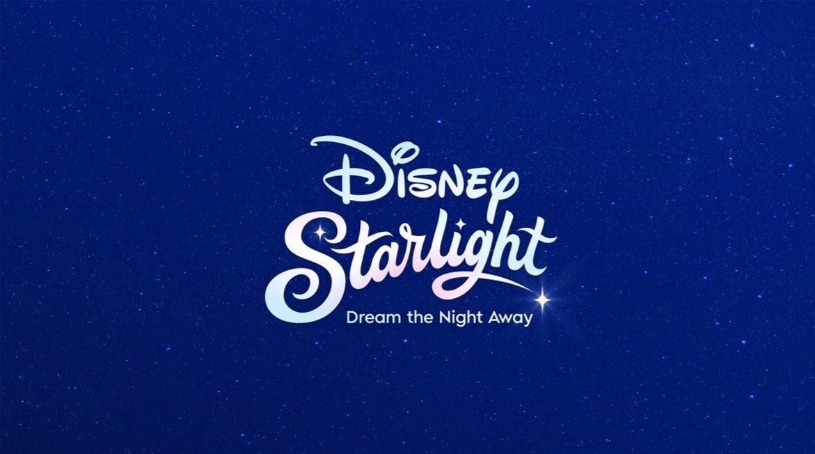 Disney's poster for the new nighttime parade, Disney Starlight: Dream the Night Away, coming to Magic Kingdom. The poster is blue with white letters and small stars adoring the backround.