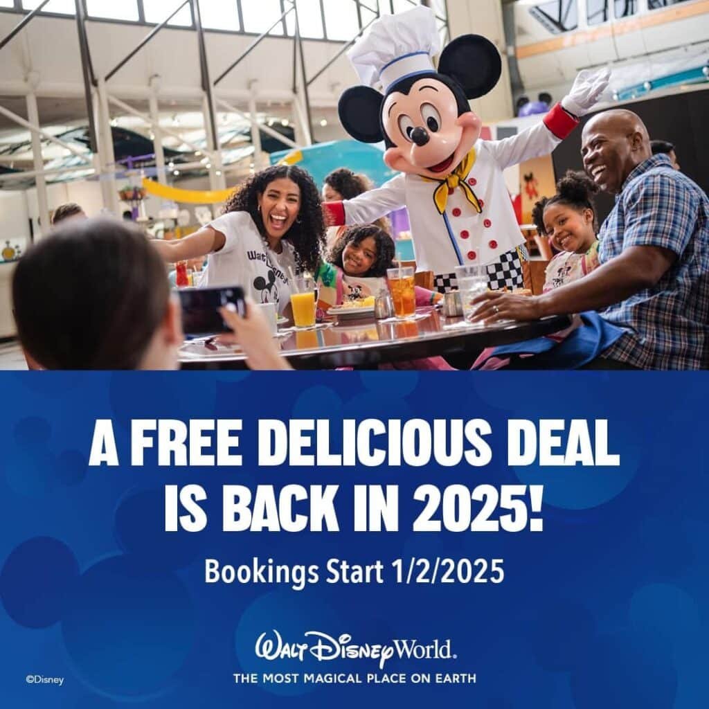 Free Disney Dining is Back in 2025 Poster by Disney with a picture of Mickey at Chef Mickey's with a family eating and taking a picture