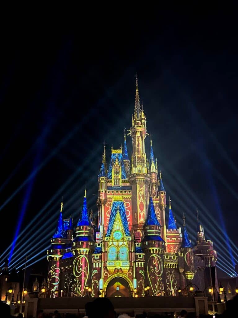 Cinderella Castle in Magic Kingdom during Happily Ever After nighttime performance