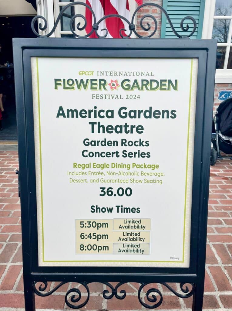 The Regal Eagle Dining Package Sign for the 2024 Garden Rocks Concert Series showcasing concert times and availability