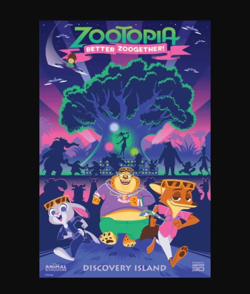 'Zootopia: Better Zoogether!' concept art poster by Disney where Judy Hopps, Nick Wilde, and friends are all running in front of the Tree of Life at Dsiney's Animal Kingdom Theme Park.