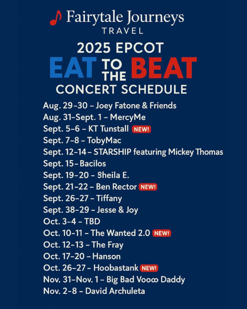 2025 Epcot Eat to the Beat Concert Schedule by Fairytale Journeys Travel