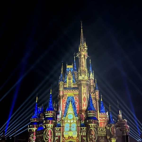 Cinderella Castle in Magic Kingdom during Happily Ever After nighttime performance