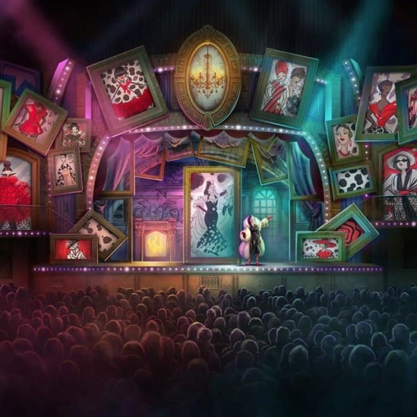 Disney's artist rendering of what the new Disney Villains: Unfairly Ever After live performance stage would look like during Cruella De Vil's portion with lots of colorful lights, screens, and a full audience filling up the theatre