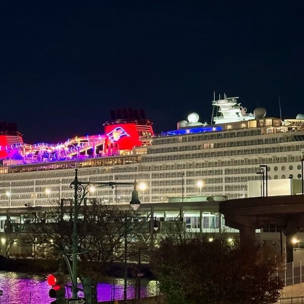 Disney's Treasure docked at New York City at Night